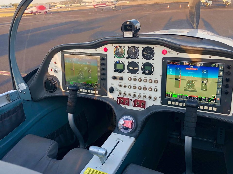 The glass cockpit of the Sling aircraft John flies and instructs in